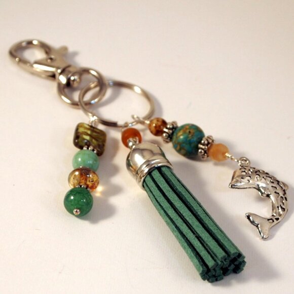 Dolphin Beaded Tassel Purse Charm Bohemian Keychain Key Fob Gift for Her - Picture 2 of 6